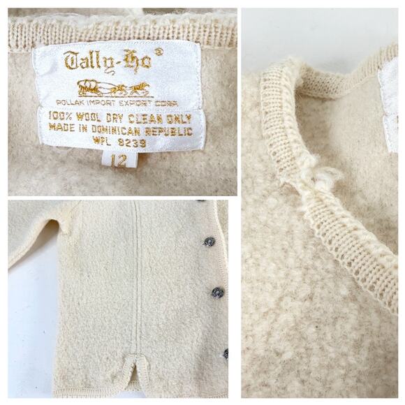 Vintage Cream Beige Neutral Boiled Wool Fuzzy Chunky Boxy Cardigan Sz Medium - Picture 3 of 7